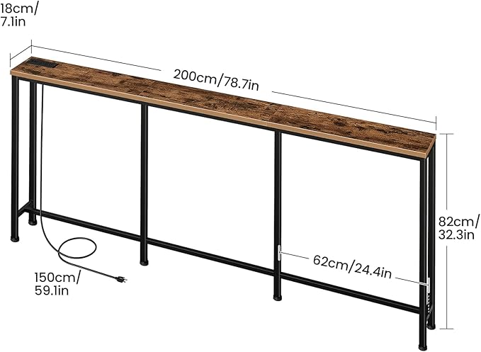 78.7'' Narrow Console Table with Power Outlet 7.1" Skinny Sofa Table, Long Behind Couch Table with Charging Station, Entryway Table for Hallway, Living Room Rustic Brown and Black TXG20UBF