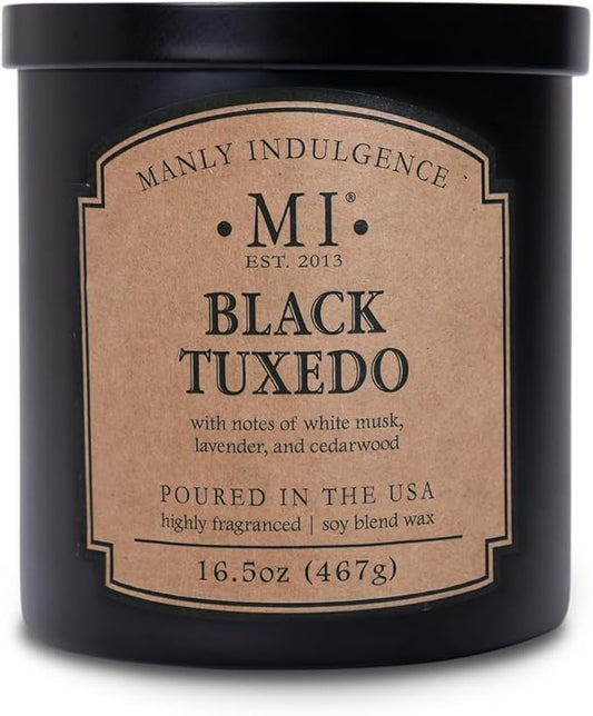 Manly Indulgence Black Tuxedo Candles for Men, 2 Wick, 16.5 oz, Premium Soy Blend Wax, 60H Burn, Candles for Home Scented - Made in The USA
