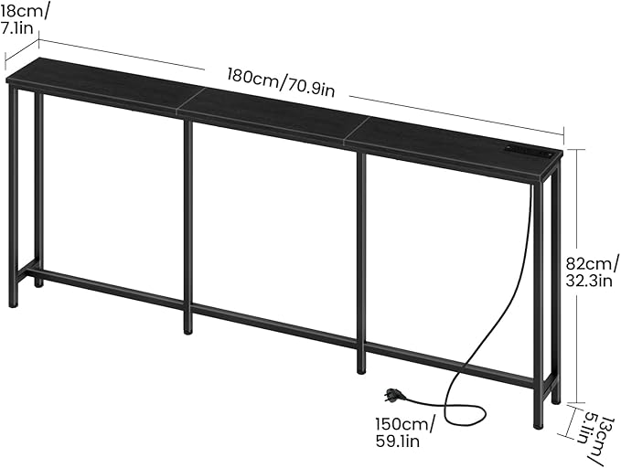 70.9" Narrow Console Table with Power Outlet 7.1" Skinny Sofa Table, Long Behind Couch with Charging Station for Hallway, Living Room Black TXG18UBB