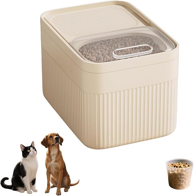 High-Capacity Pet Food Container Airtight with Cup, Dog Food Storage Container,Durable Design for Dog/Cat/Bird Food Storage, Keep Dry Food Fresh (Beige, 9 pounds)
