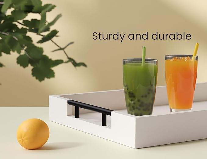 Bamboo Serving Tray with Metal Handles,15x10in Ottoman Decorative Trays Platter for Coffee Table,Living Room,Bar,Party,Mediuml(White)