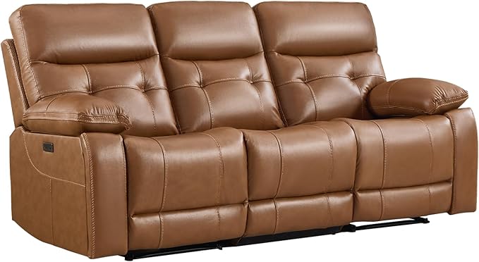 CANMOV Genuine Leather Power Recliner Sofa,3 Seater Reclining Sofa with Comfortable Arms and Back,Modern Electric Recliner Couch Set with Hidden Cup Holders,USB Port for Living Room,Brown