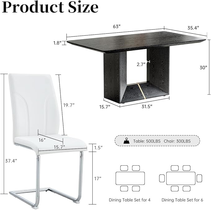 63" Modern Black Dining Table Set for 4 with Chairs, 5 Piece Rectangular Dining Room Table and 4 PU Leather Chairs, Kitchen Dining Set with Matte Wood Finish, Geometric Base, Easy Assembly