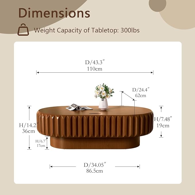 43.3" Oval Drum Coffee Table with Storage Modern Unique Fluted Tea Table Contemporary Wood Oval Coffee Table Centr Table for Living Room Apartment (Brown oval-43.3in)