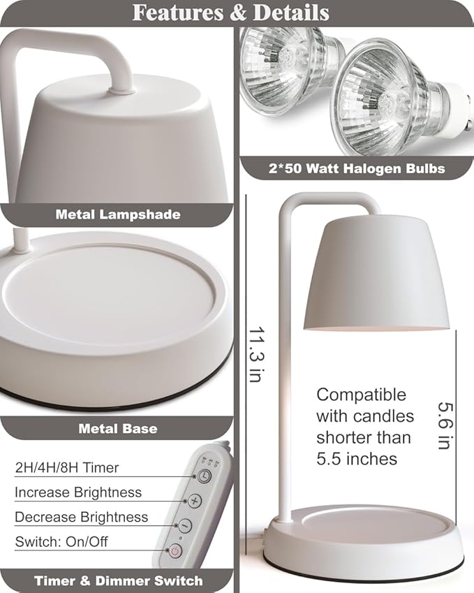 Candle Warmer Lamp with Timer and Dimmer - Electric Candle Lamp Warmer for Jar Candles - Ideal Home Decor Gift for Women, Daughter, and Mom - Includes 2 Bulbs (White)