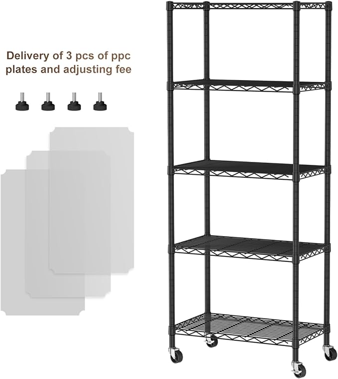 5 Tier Shelves Storage Shelf Wire Closet Bathroom Organizers Metal Pantry Kitchen Garage Shelving Unit Laundry Room Organization Home Rack Net Basket Black with Wheels 14”D X 24”W X 61”H