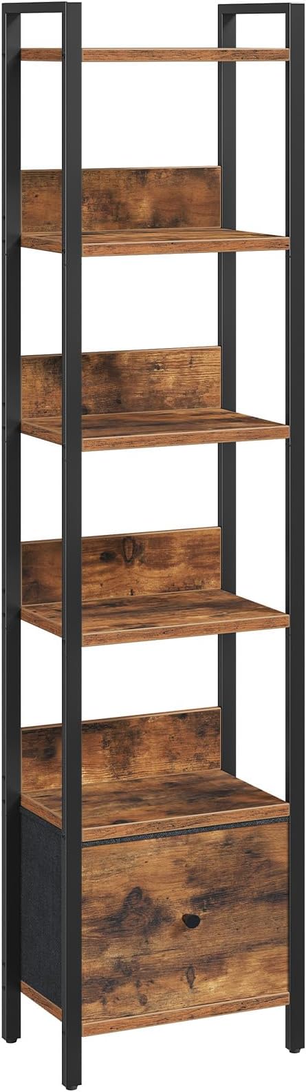 Bookshelf, 6-Tier Bookcase with Drawer, Small Book Shelf for Small Space, Storage Shelf Organizer, for Living Room, Bedroom, Study, Kitchen, Rustic Brown and Black BKHR66101