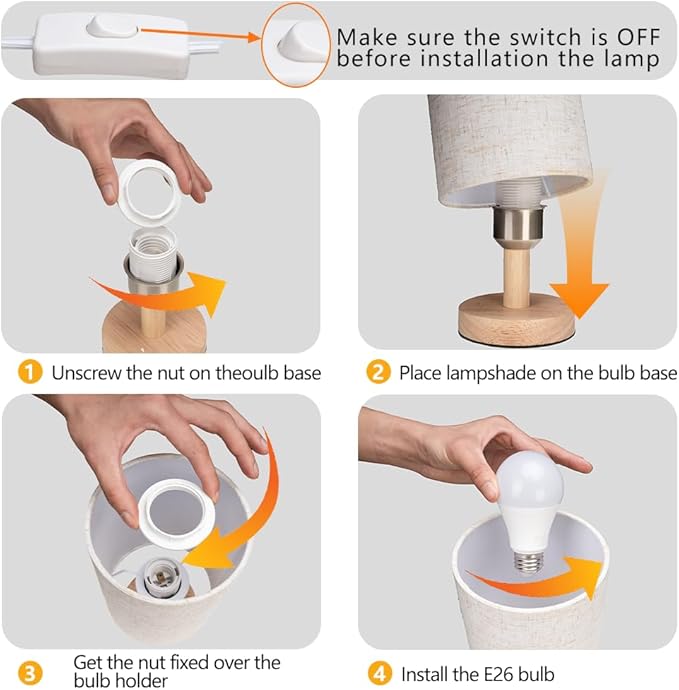Small Table Lamp for Bedroom - Bedside Lamps for Night Stands, Minimalist Nightstand Light Lamp, Desk Lamps for Living Room, Office, Dorm(Wood Base, 10" Inline Control)