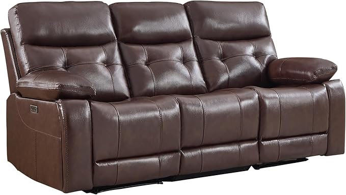 CANMOV Genuine Leather Power Recliner Sofa,3 Seater Reclining Sofa with Comfortable Arms and Back,Modern Electric Recliner Couch Set with Hidden Cup Holders,USB Port for Living Room,Dark Brown