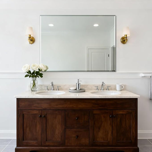 Ruomeng Frameless Mirror for Wall, 48x36 Inch Bathroom Vanity Mirror Farmhouse, Large Rectangle Mirror with Beveled Edge, Tempered Glass, Hangs Horizontally or Vertically