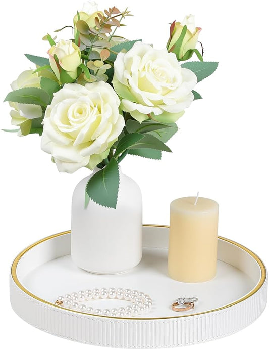 Round Decorative Tray for Coffee Table Decor, PU Leather Coffee Table Tray Golden Trim for Home Decor Living Room Dining Table, Perfume Trays Nightstand Organizer (White)