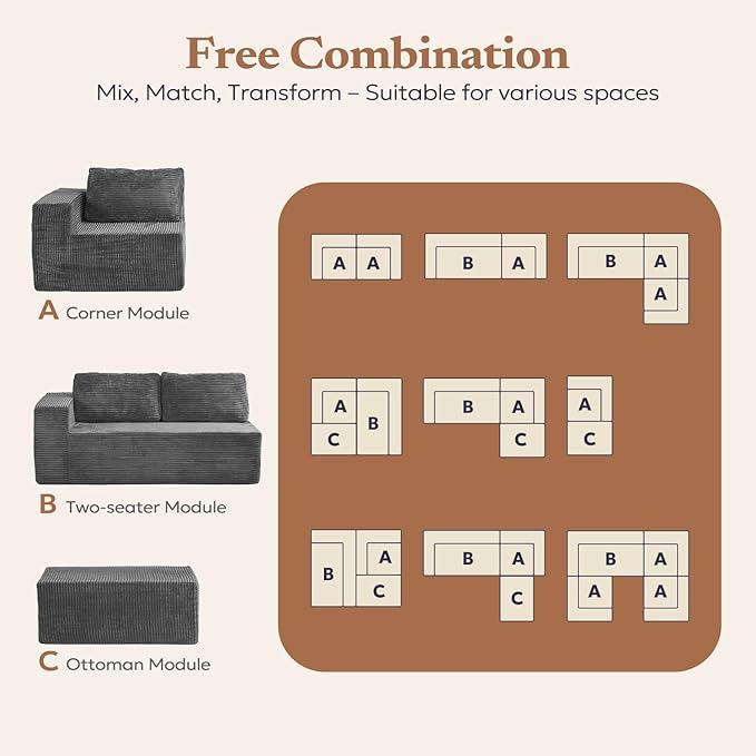 106" 3-Seater Sofa, Cloud Modular Sofa with Certified Foam, Upholstered Floor Sofa with Deep Seat, Upholstered Sofa for Bedroom Living Room, No Assembly Required (Plush Corduroy Fabric, Grey)