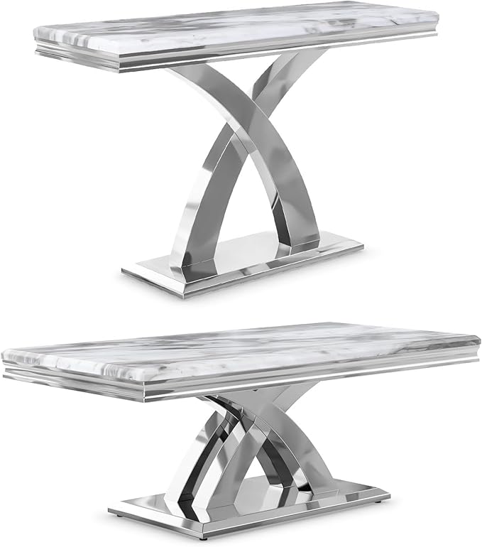 AUZ 2 Pieces Silver Living Room Table Set, Coffee Table and Console Table with X-Shape Design Polished Stainless Steel Frame