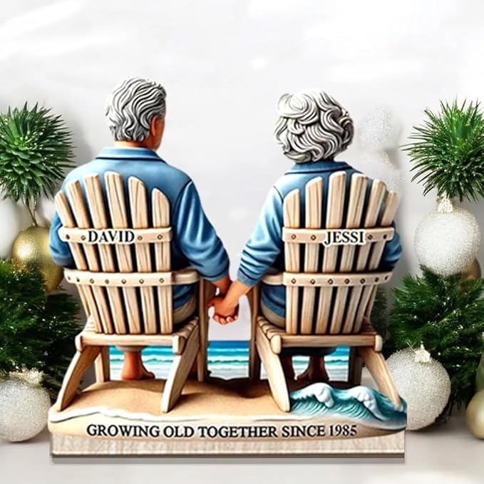 Custom Growing Old Together Christmas Decoration, Personalized Couple Beach Chair Wooden Plaque, Holiday Gift for Parents or Grandparents, Heartfelt Wooden Keepsake for Anniversary Celebration
