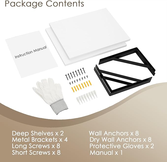 DINZI LVJ Deep Floating Shelves, 16 W x 12" D Wall Shelves Set of 2, Wide Display Shelf Wall Mounted with Brackets, Easy-to-Install Floating Bookshelf for Living Room, Bathroom, Bedroom, White