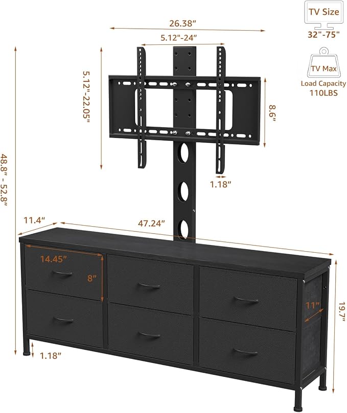 TV Stand with Mount, Fabric Dresser with 6 Drawers for 32/45/55/60/65/75 inch TVs, Black Dresser Entertainment Center, Modern Media TV Console Table
