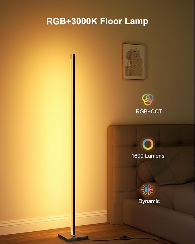 Gold Floor Lamp with Remote, Aluminum LED Corner Floor Lamp with Alexa, Smart Corner Lamp with DIY Music Sync and 16 Million Colors, 3000K and RGB CCT Standing Lamp for Bedroom Living Room