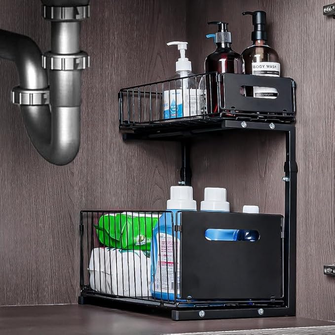 Under Sink Organizer, Multi-Purpose Sliding Cabinet Storage 2 Tier Sink Organizer, Adjustable Kitchen Organizers and Storage, Easy Install & Clean, Black