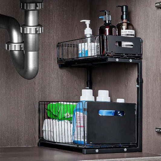 Under Sink Organizer, Multi-Purpose Sliding Cabinet Storage 2 Tier Sink Organizer, Adjustable Kitchen Organizers and Storage, Easy Install & Clean, Black