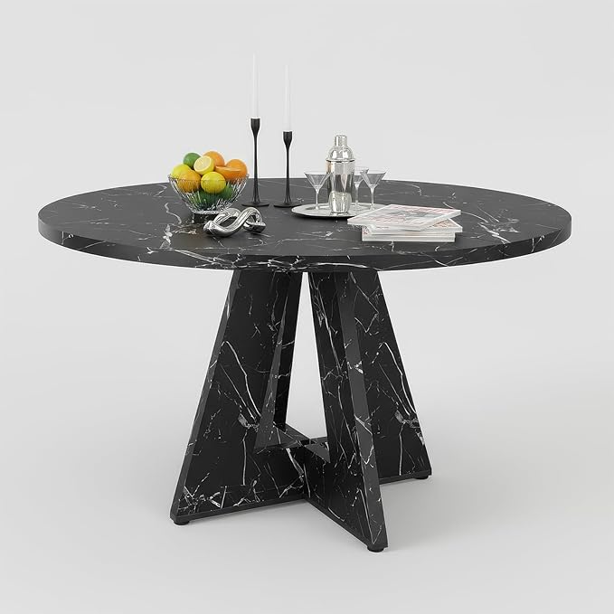 Farini 47" Round Dining Table for 4-6,Modern Kitchen Room Table with Wood Top & Sturdy Metal Base,Large Round Dinner Table for Dining Room,Black