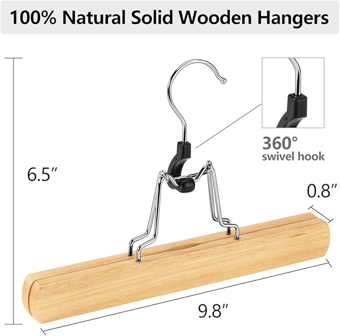 AMKUFO 20 Pack Natural Wooden Pants Hangers with Clips Non Slip Skirt Hangers Trouser Clamp Hanger Solid Wood Hanger with 360° Swivel Hook