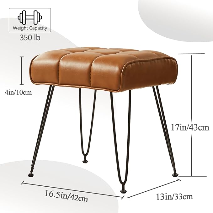 PU Leather Vanity Stools, Vanity Stool Chairs for Makeup Faux Leather Foot Stools Ottoman with Metal Leg Make up Chairs for Vanity Small Bench Seat for Living Room Bedroom (Yellow Brown)
