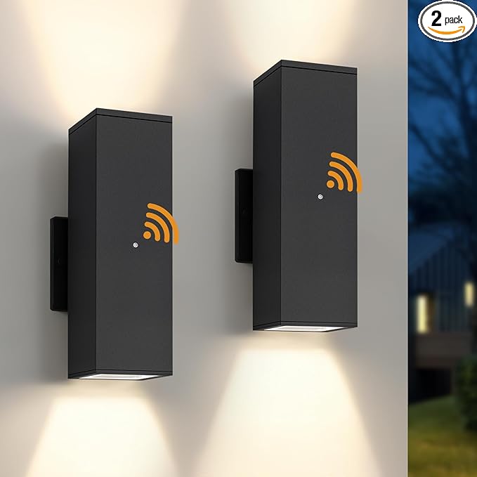 Dusk to Dawn Outdoor Lighting, LED Square Up and Down Outdoor Sconce Lights, Matte Black Exterior Lighting Fixtures with 7W LED Bulbs, Front Porch Lights for House, Garage, Patio, Doorway, 2 Pack