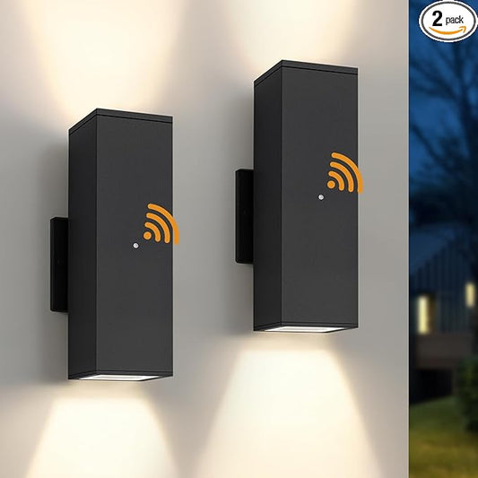 Dusk to Dawn Outdoor Lighting, LED Square Up and Down Outdoor Sconce Lights, Matte Black Exterior Lighting Fixtures with 7W LED Bulbs, Front Porch Lights for House, Garage, Patio, Doorway, 2 Pack