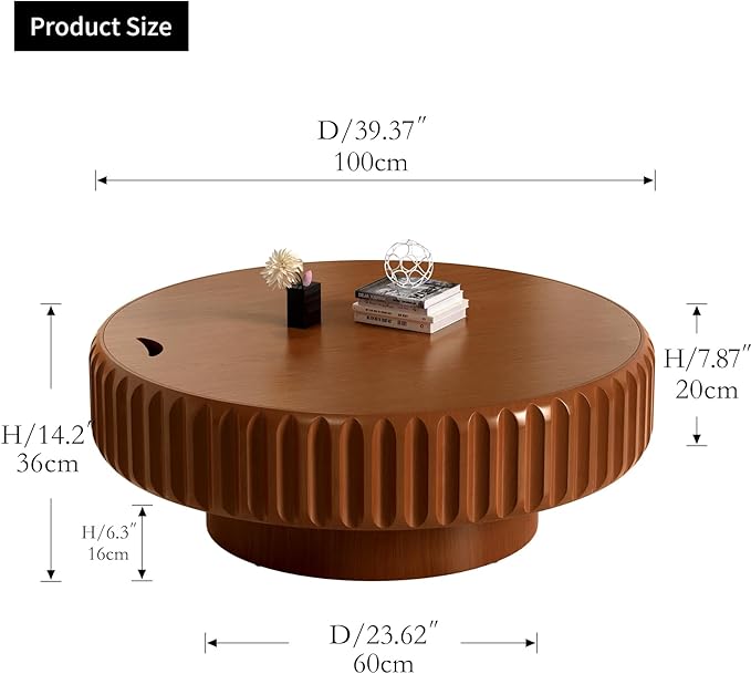 39.37'' Wooden Round Coffee Table with Storage, Modern Luxury Circle Drum Center Tables with Solid Wood Fluted, Accent Round Coffee Table for Living Room Apartment Small Space, Walnut