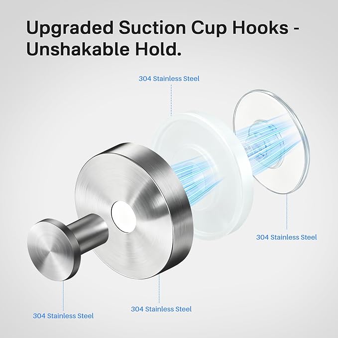 Suction Cup Hooks Stainless Steel Shower Hooks No Drill Towel Hooks Removable Wreath Hanger for Front Door, Bathroom Wall, Kitchen, Glass, Mirror (2 Pack)