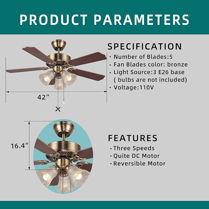 42 Inch Indoor Ceiling Fan with Pull-Chain and Three LED Light Bulbs Base, Traditional 3-Speeds Reversible Blades Ceiling Fan (Antique)