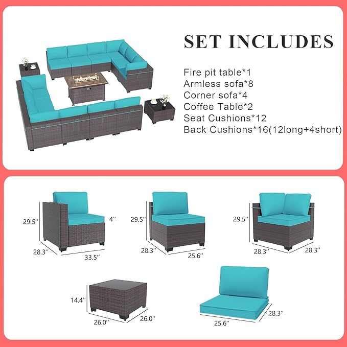 Gotland 15 Pieces Patio Furniture Set with Fire Pit Table, All Weather Rattan Outdoor Furniture with 29.5'' High Backrest 4’’ Thick Cushions Coffee Table, Patio Set for Porch, Deck, Backyard, Blue