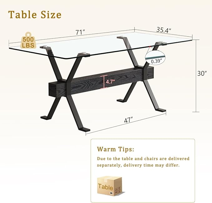 Glass Dining Table 71"｜Modern Dining Table for 6｜0.4" Thick Tempered Glass Top｜Matte Black Metal Legs｜Black Crossbar｜Easy Assembly｜Perfect for Dining Room or Kitchen