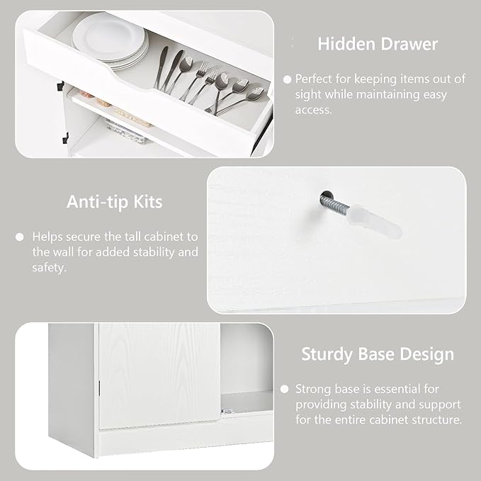 Merax 72" Tall Farmhouse Kitchen Pantry Cabinet with 8 Door Shelves, Curved Design Storage Cabinet with 3 Adjustable Shelves, Hidden Drawer, Versatile Cupboard for Kitchen, Dining & Bathroom, White