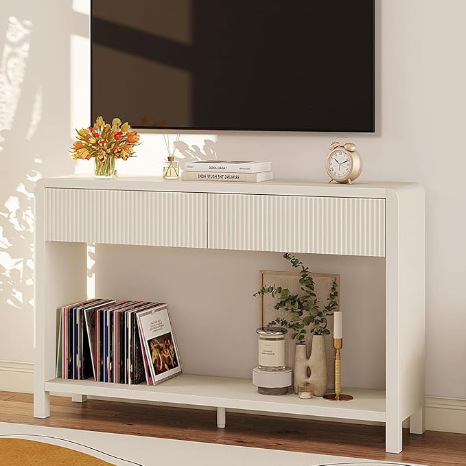 FATORRI Entryway Console Table with 2 Drawers, Modern Sofa Table for Living Room, Couch Tables Behind Sofa and Hallway Tables with Storage (47.2 inch, Antique White)