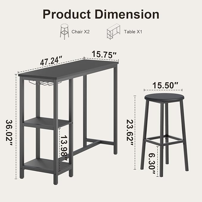 Small Bar Table Set for 2, Bar Table and Chairs Set for 2, Kitchen Table for 2 with 2 Storage Shelves & Wine Glass Holder, Dining Table for Small Apartment, Dining Room, Black