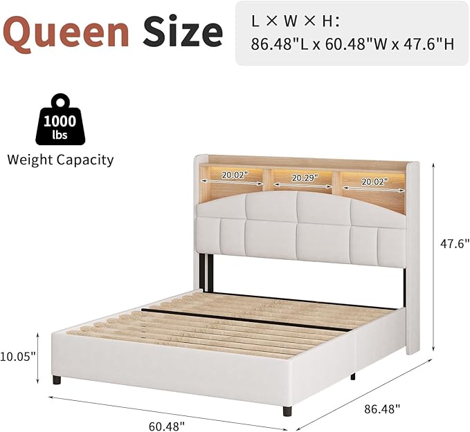 Queen Bed Frame with Headboard, Velvet Upholstered Bed Frame with LED Lights, Queen Platform Bed with Wooden Slats Support, No Box Spring Needed, No Noise, Beige