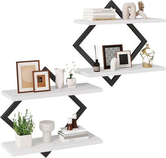 IBUYKE Floating Shelves,15 Inch Wall Shelf Set of 2,Wall Mounted Shelves,2 Tier Hanging Decorative Storage Shelf for Living Room, Bedroom, Bathroom, Kitchen TFS003W-2