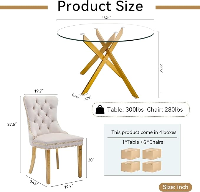 Goujxcy Round Dining Table Set for 6, Modern Glass Kitchen Table and Chairs Set of 6, 7-Piece Dining Room Table Set w/47 Circle Gold Glass Dining Table and 6 Upholstered Velvet Chairs