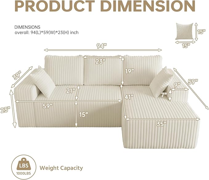 94" Cloud Sectional Couch with L-Shape Chaise,4 Seat Modern Modular Sofa with Side Pockets,Upholstered Couches for Living Room Bedroom, Boneless Couch,No Assembly Required