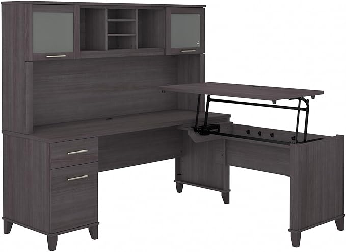 Bush Furniture Somerset 72W 3 Position Sit to Stand L Shaped Desk with Hutch in Storm Gray | Adjustable Height Table for Home Office