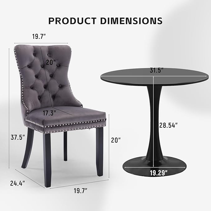 SoarFlash Kitchen Table and Chairs for 2, 31.5" Dining Table Set for 2 with Velvet Upholstered Chairs, 3 Piece Round Kitchen Table Set, Dining Room Table Set for Small Space, Apartment, Grey/Black