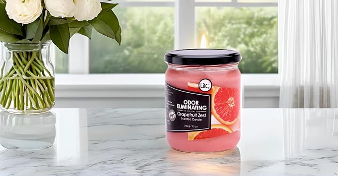 Grapefruit Zest Odor Eliminating Highly Fragranced Candle - Eliminates 95% of Pet, Smoke, Food, and Other Smells Quickly - Up to 80 Hour Burn time - 12 Ounce Premium Soy Blend