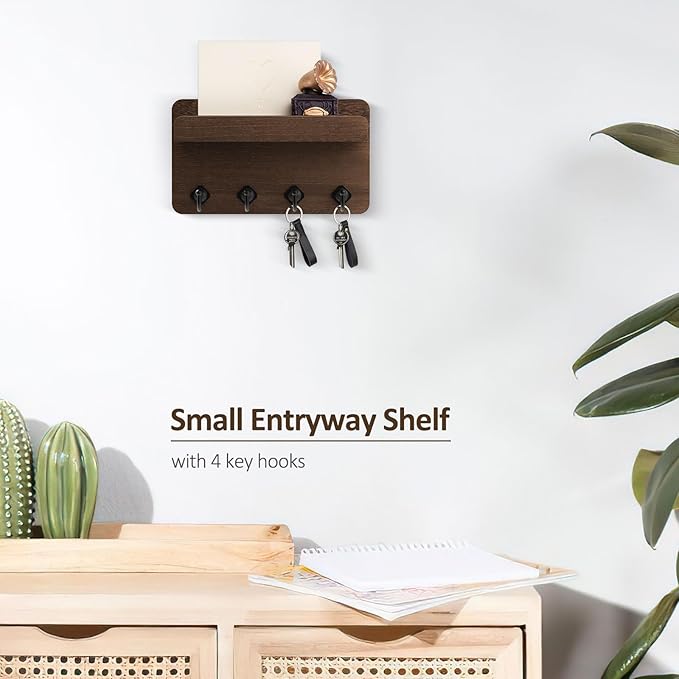 Nekon Key Holder Wall Mount, 8.5 Inch Small Home Decor Wooden Wall Organizer with 4 Hooks and Shelf, Key and Mail Holder for Living Room Entryway Kitchen (Brown)
