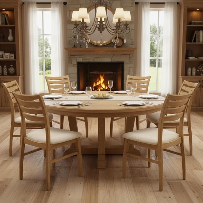 DUOMAY Farmhouse Dining Chairs Set of 6, Fur White Upholstered Side Chairs Solid Wood Ladder Back Kitchen Chairs for Home Dining Room, Light Browm Frame