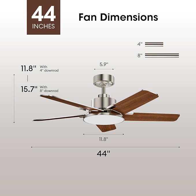 44 Inch Ceiling Fans with Lights, Modern Nickel Ceiling Fan with Dimmable LED, 6 Speeds, Timer, Quiet Reversible DC Motor, Remote Control Ceiling Fan for Bedroom, Living Room and Kitchen