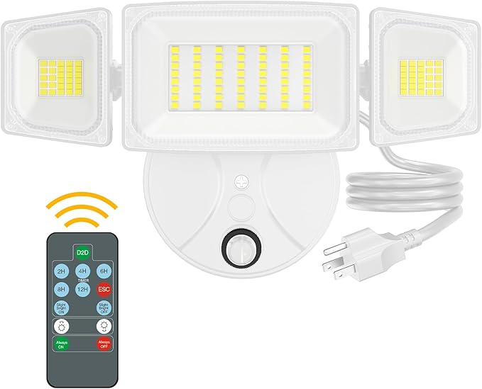 Onforu 60W Plug in Flood Light,6000 LM Dusk to Dawn Outdoor Lighting,White Outdoor Lights with Remote,IP65 Waterproof Security Lights,2Modes 3 Adjustable Heads Light for Garage Yard