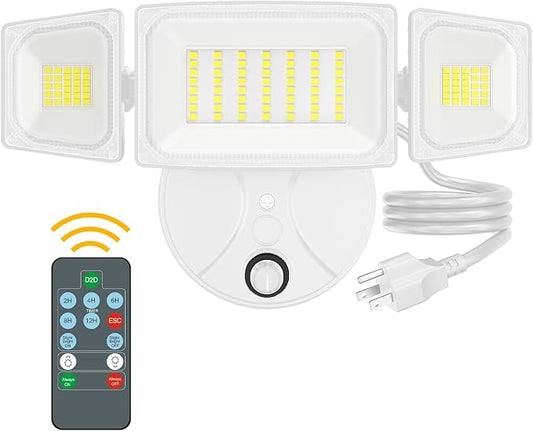 Onforu 60W Plug in Flood Light,6000 LM Dusk to Dawn Outdoor Lighting,White Outdoor Lights with Remote,IP65 Waterproof Security Lights,2Modes 3 Adjustable Heads Light for Garage Yard