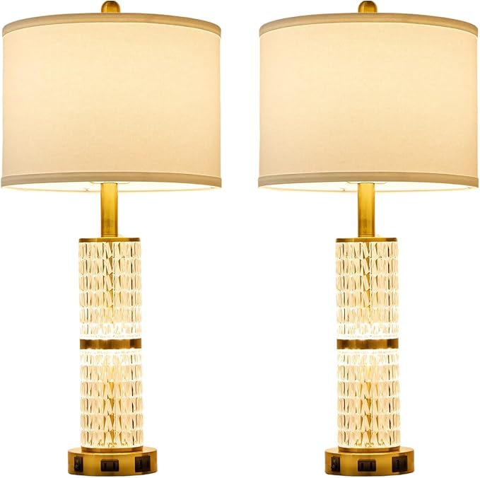 Crystal Table Lamps Modern 3-Way Dimmable Bedside Lamp with 2 USB Ports & AC Outlets for Living Room Bedroom Nightstand Lamp Night Light