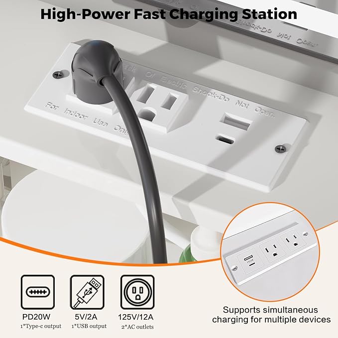 57“Makeup Vanity Desk with Mirror and Lights, Vanity Desk with 5 Drawers & Storage Shelves, Vanity Table with Power Outlet, 3 Color Modes & Adjustable Brightness Dressing Table, Bedroom,White